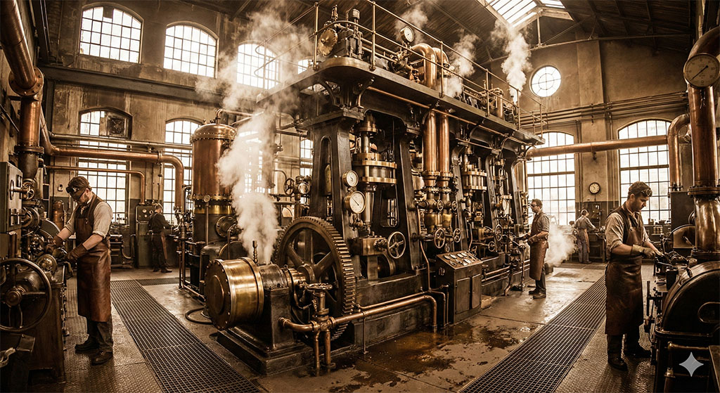 艾特拉斯蒸氣工廠內部的巨大黃銅機械與工業生產線